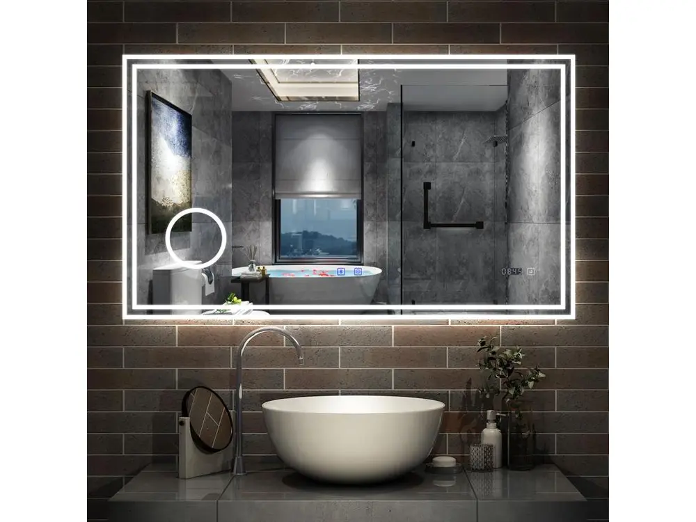 Miroir de Salle de Bain LED avec Bluetooth, Mural Miroir avec Horloge + 3 Couleurs + Dimmable + Anti-buée + Grossissant 3x,Interrupteur Tactile Étanche IP44-120 x 70cm