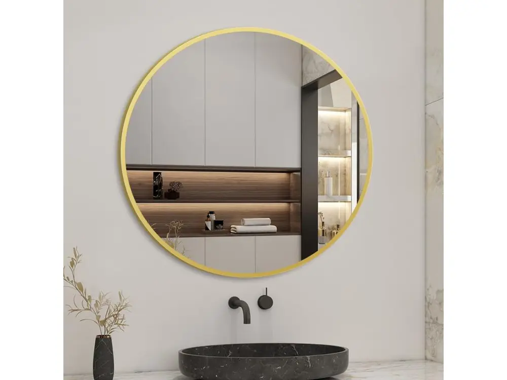 Miroir Mural de Salle de Bain Rond doré 60cm, cadre en aluminium miroir pour Salle de Bain + Salon + WC