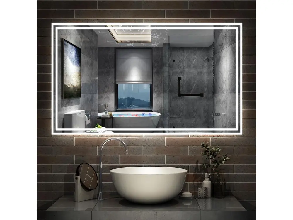 Miroir de Salle de Bain LED avec Bluetooth 160 x 80cm, Miroir Salle de Bain avec Horloge + 3 Couleurs + Dimmable + Anti-buée, Miroir avec Interrupteur Tactile IP44