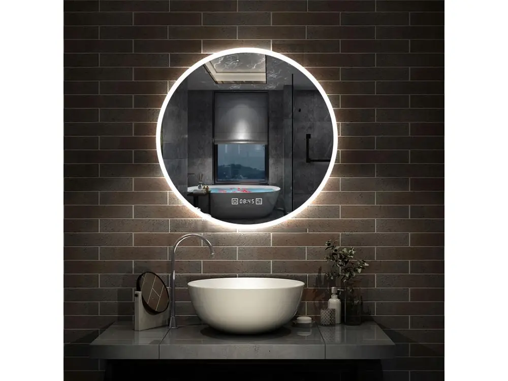 Miroir de Salle de Bain lumineux 60cm rond LED avec Horloge, Mural Miroir avec 3 Couleurs + Dimmable + Anti-buée,Interrupteur Tactile Étanche IP44