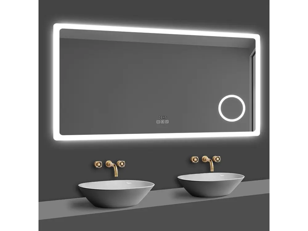 Aica Miroir Salle de Bain LED avec Bluetooth, Mural Miroir avec Horloge + 3 Couleurs + Dimmable + Anti-buée + Grossissant 3x -140 x 80cm