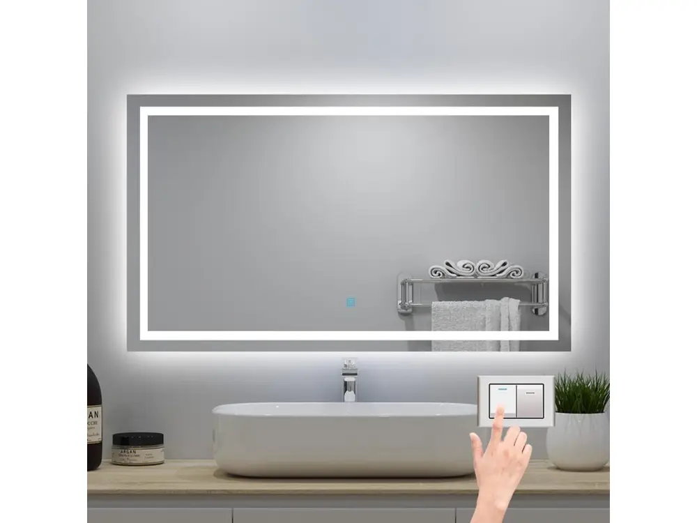 Miroir de salle de bain lumineux l.100 x H.60cm avec Anti-buée + 3 Couleurs + Dimmable, Mural Miroir lumineux