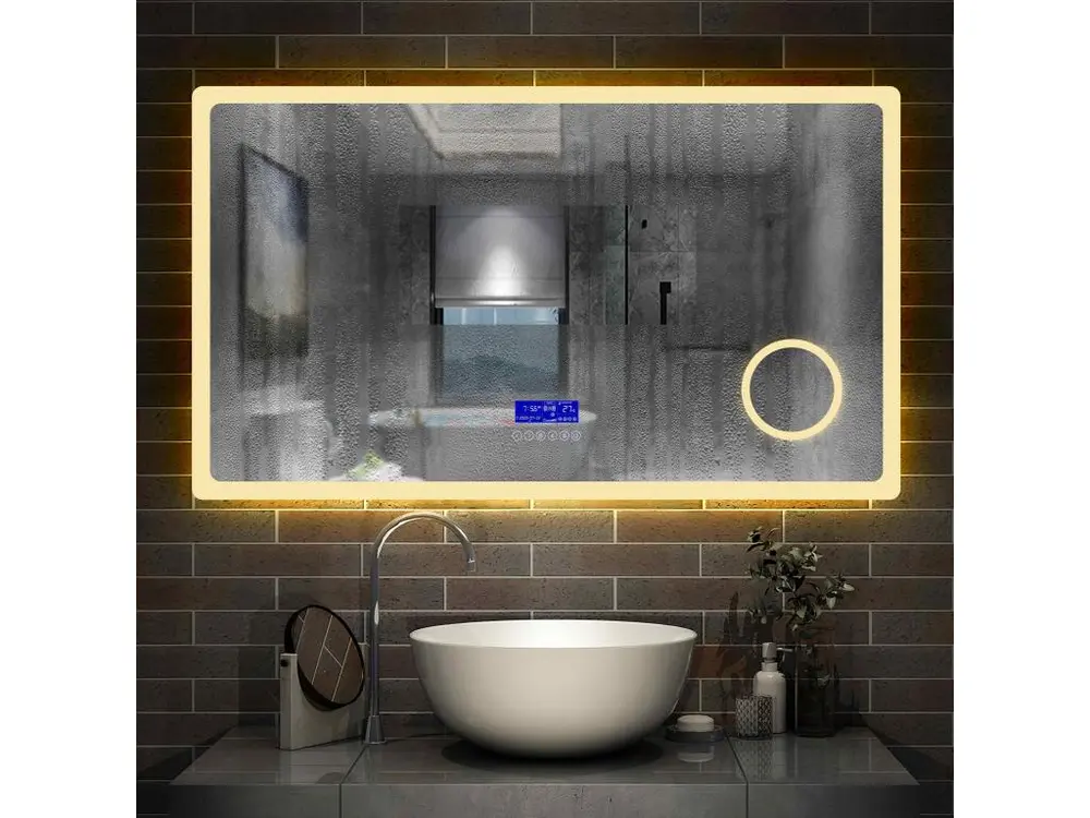 Aica Miroir de salle de bain 140cmx80cm 3 couleurs LED réglable+antibuée+Panneau LCD (Tactile, Bluetooth Haut-Parleur, Horloge, Date, Température)+Miroir grossissant