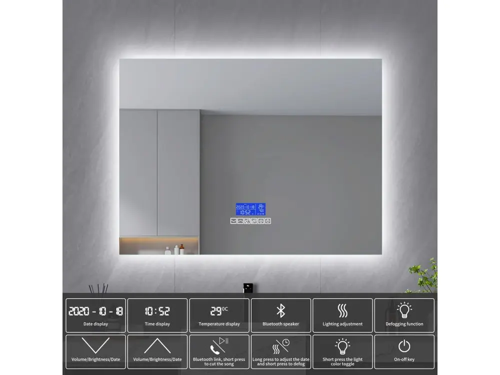 Miroir Salle de Bain avec Éclairage - 120 x 60 cm - Miroir LED Salle de Bain - avec Tactile, Anti-buée, Bluetooth, Horloge, Température, Dimmable