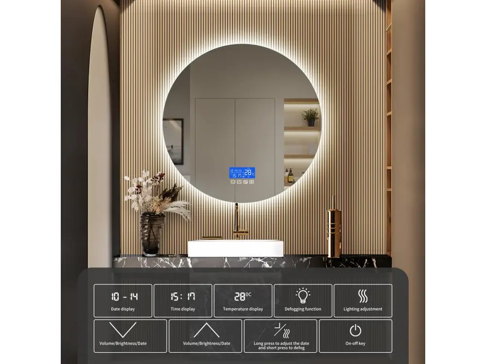 Miroir Salle de Bain avec Éclairage - Rond Ø60 cm - Miroir LED Salle de Bain - avec Tactile, Anti-buée, Horloge, Température, Dimmable