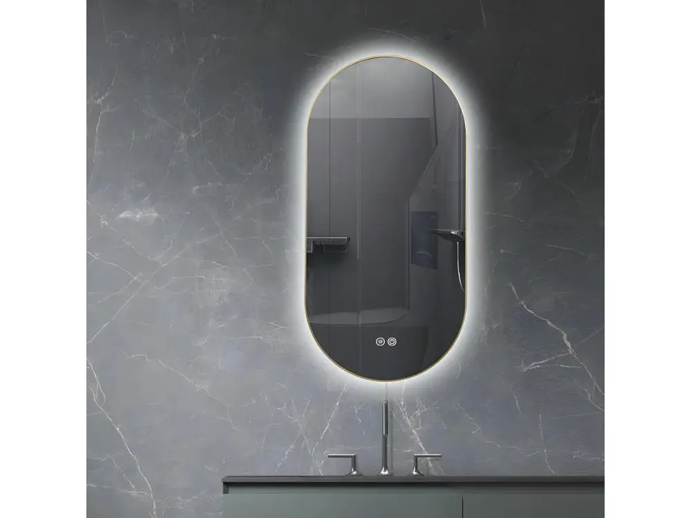 LuxuryBain- Miroir de salle de bain LED à luminosité variable 45x90cm oval avec cadre en aluminium doré, or