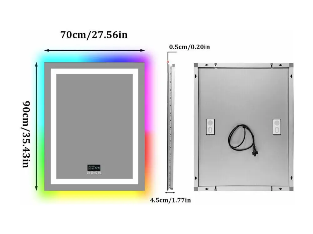 Miroir salle de bain 90x70cm RGB et LED réglable+antibuée+Bluetooth 5.2 +Horloge+3 couleurs 4 boutons