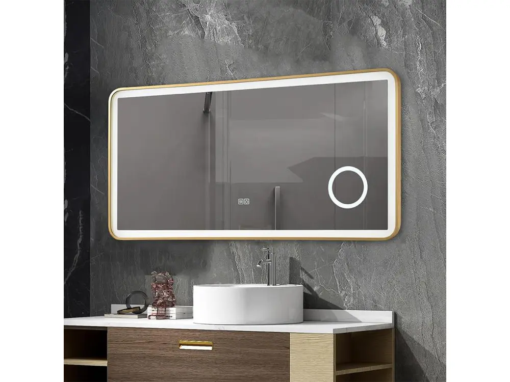 Miroir salle de bain LED 120x60cm anti buée avec cadre en aluminium doré et loupe x3 LB-4685G