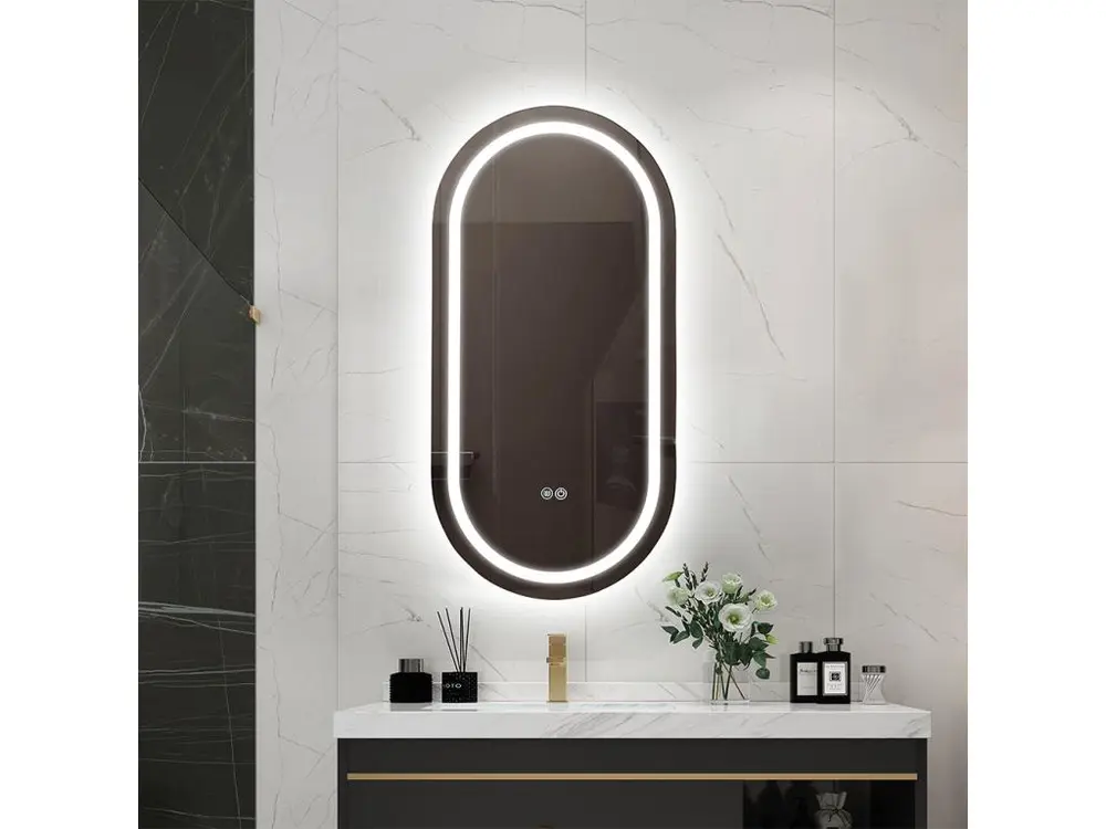 Miroir salle de bain LED ovale 45x90cm anti buée et LED 3 couleurs