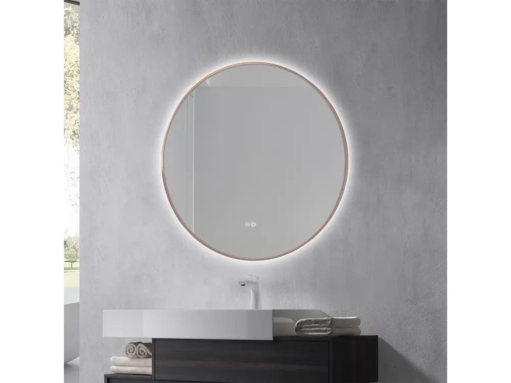 Miroir salle de bain LED rond 80cm anti buée avec cadre cuivré LB-4647RG