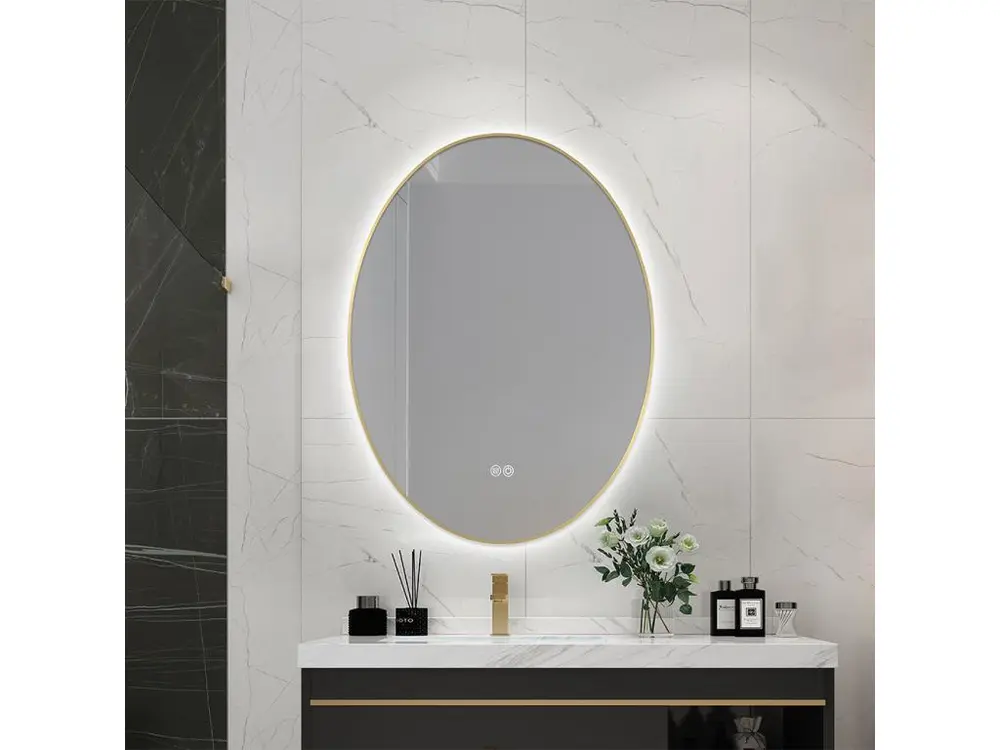 Miroir salle de bain LED ovale 50x70cm anti buée avec cadre doré LB-4646G