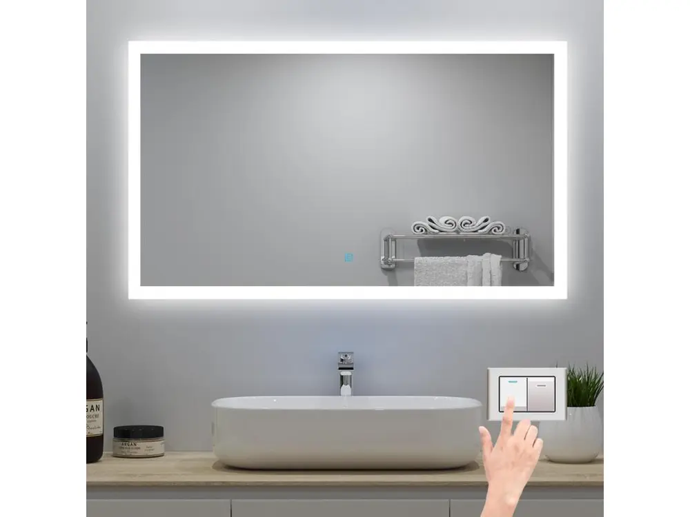 Miroir lumineux 60 x 50cm avec 3 Couleurs + Dimmable + Anti-buée, Mural Miroir salle de bain