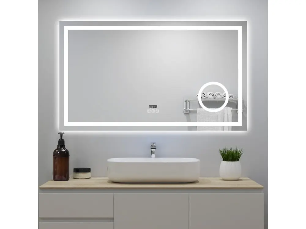 Miroir Lumineux avec Bluetooth 160 x 80cm, Horloge + 3 Couleurs + Dimmable + Anti-buée + grossissant 3x，Mural Miroir Salle de Bain