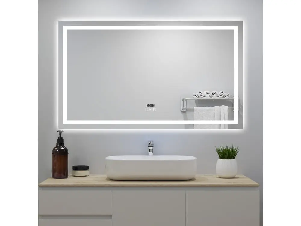 Miroir lumineux avec Bluetooth 160 x 80cm, miroir avec Horloge + 3 Couleurs + Dimmable + Anti-buée, Miroir de Salle de Bain IP44 rectangulaire