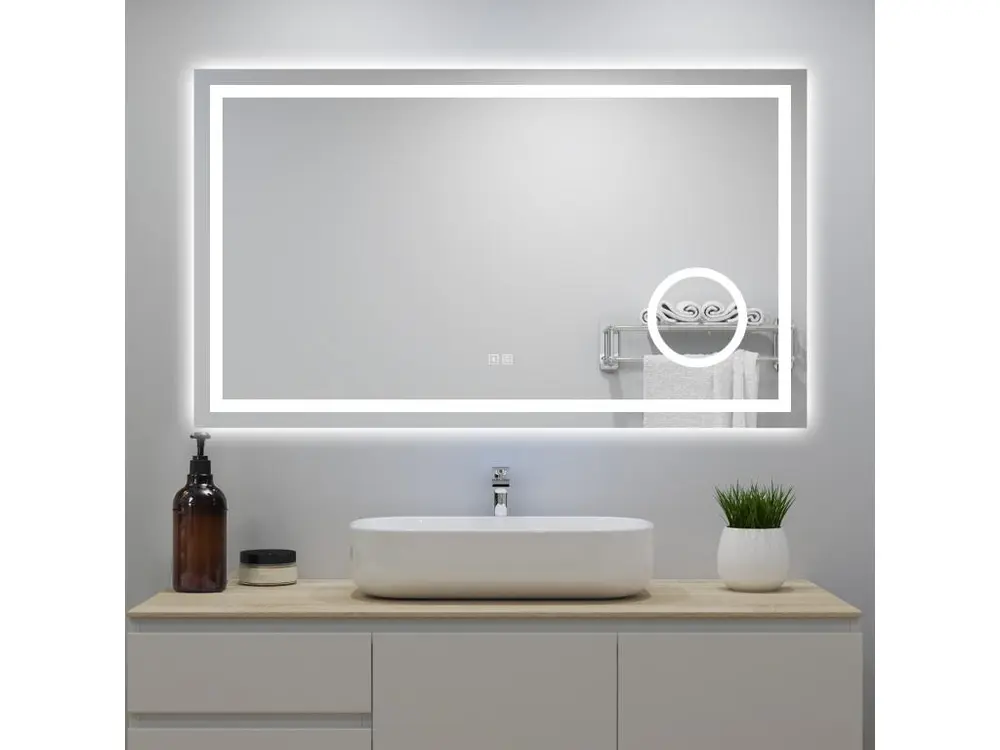 Miroir Lumineux avec Bluetooth 120 x 70cm, 3 Couleurs + Dimmable + Anti-buée + grossissant 3x，Mural Miroir Salle de Bain