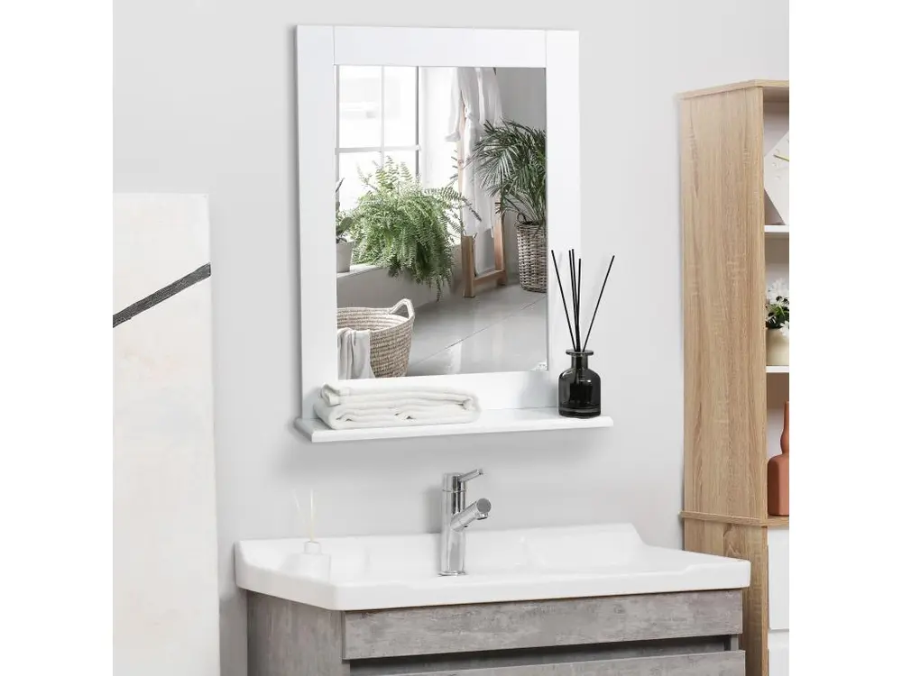 Miroir de salle de bain avec étagère - kit installation fourni - MDF blanc