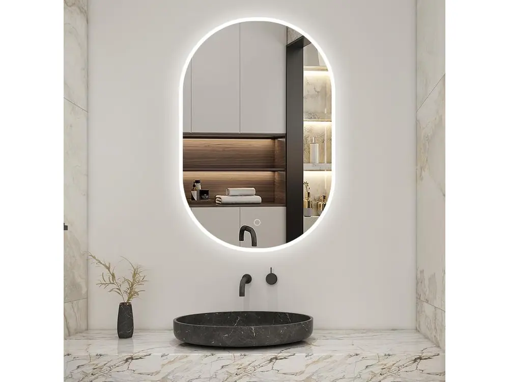 AICA LED Miroir lumineux ovale 50 x 80cm avec anti-buée + 3 Couleurs + dimmable + mémoire, Miroir salle de bain