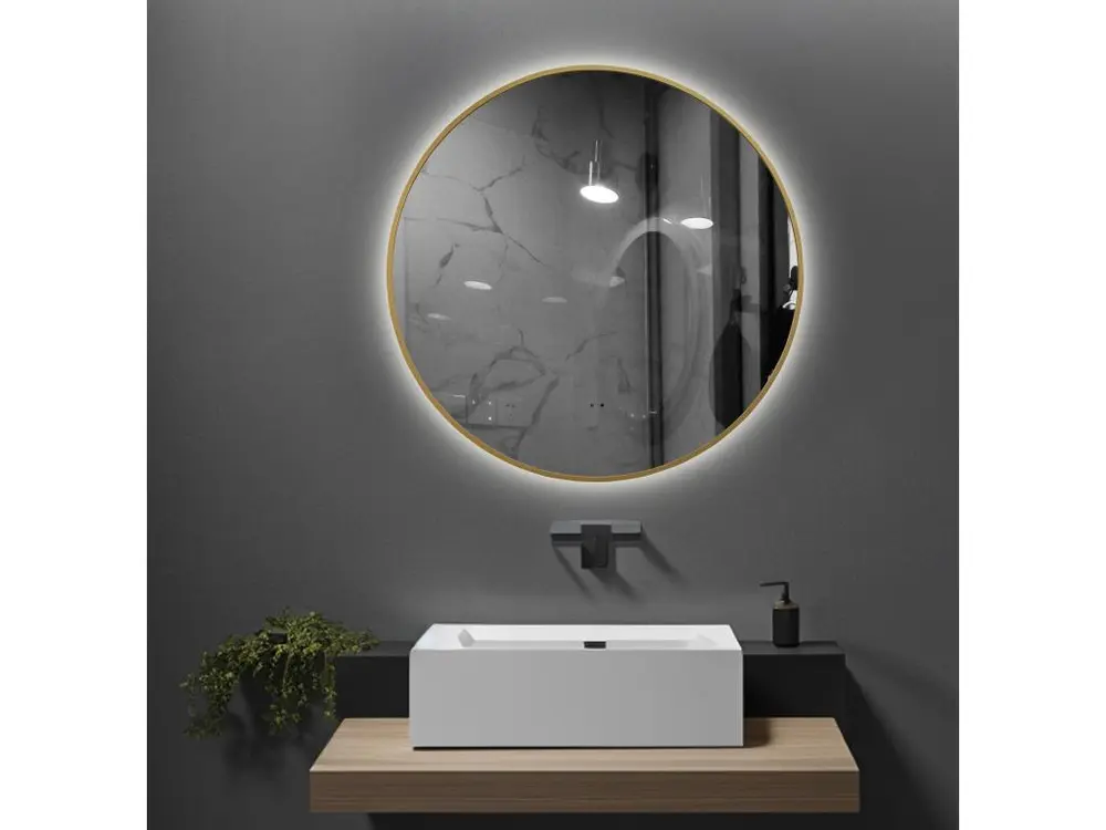 LuxuryBain- Miroir de salle de bain LED à luminosité variable 60cm rond avec cadre en aluminium doré, or et touche sensitive