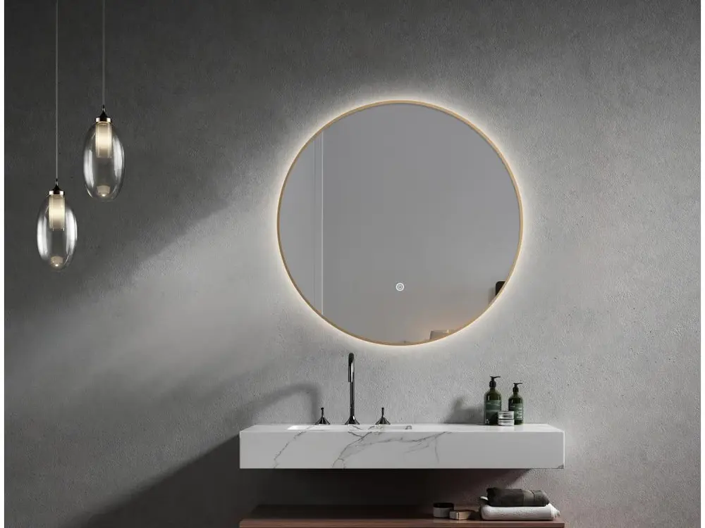 LuxuryBain- Miroir de salle de bain LED à luminosité variable 80cm rond avec cadre en aluminium doré, or