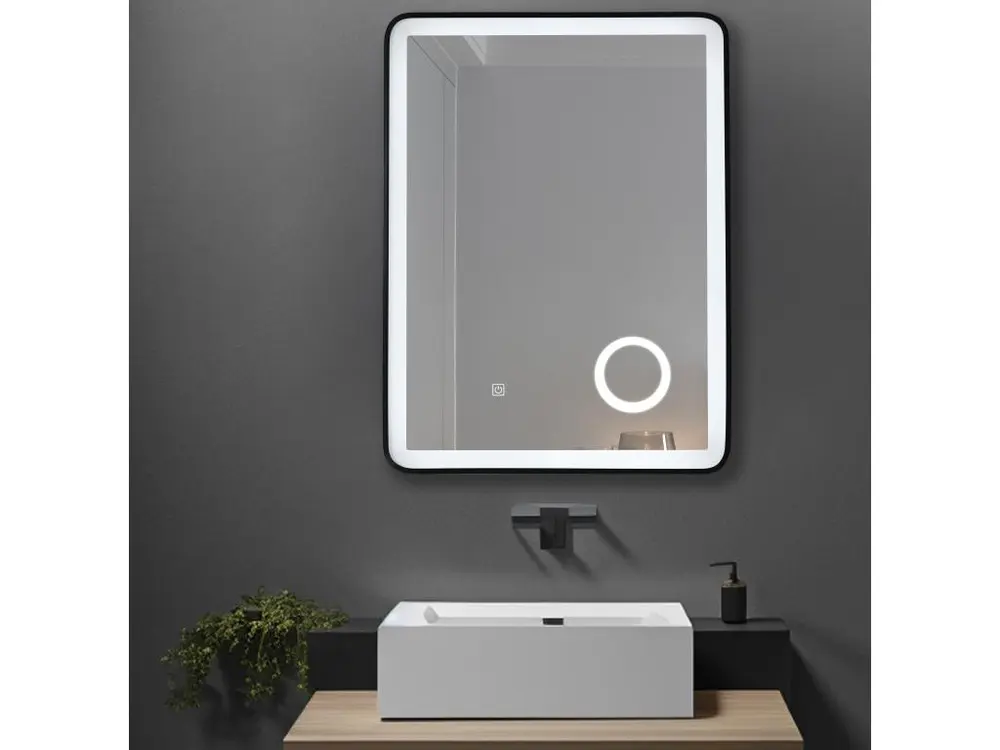 LuxuryBain -Miroir salle de bain LED 60x80cm avec cadre en aluminium noir et loupe grossissante x3