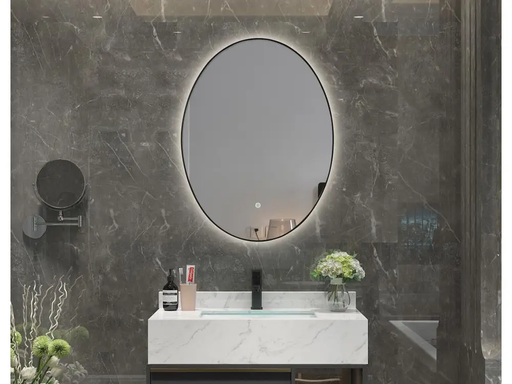 LuxuryBain- Miroir de salle de bain LED à luminosité variable 50x70cm oval avec cadre en aluminium noir