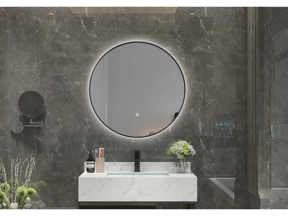 LuxuryBain- Miroir de salle de bain LED à luminosité variable 80cm rond avec cadre en aluminium noir