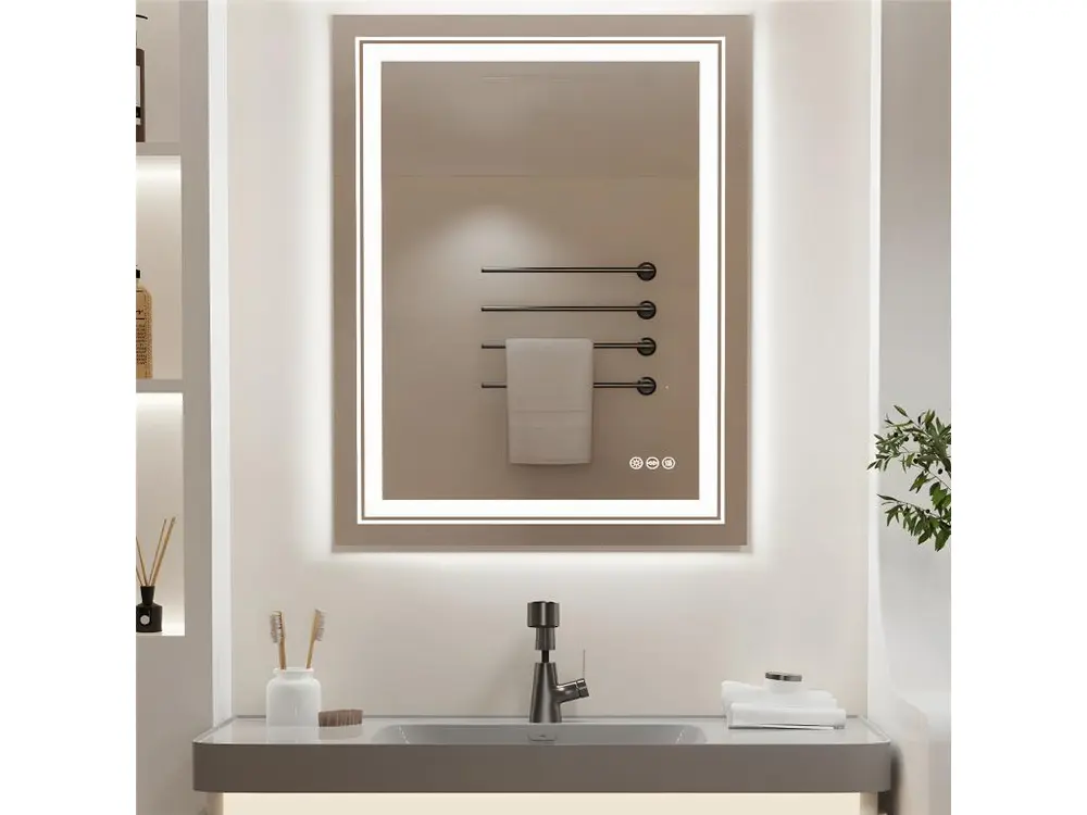 Miroir salle de bain led miroir mural doubles bandes anti-buée pour maquillage 50x70cm