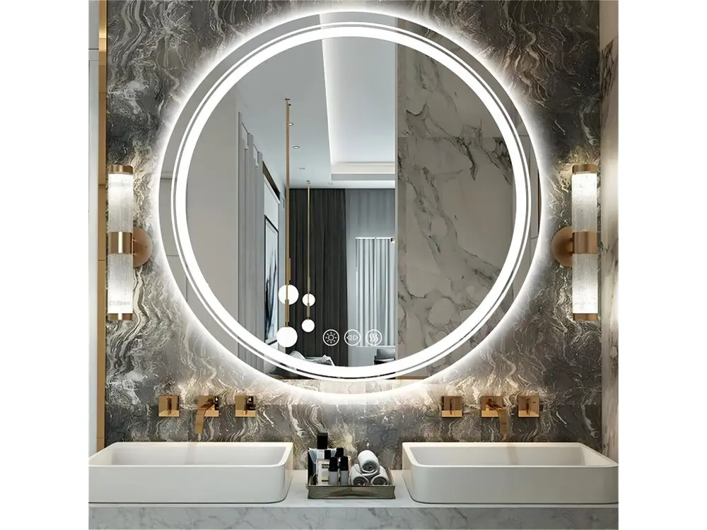 Miroir salle bain rond miroir mural lumineux rond anti bueé pour maquillage 60x60cm