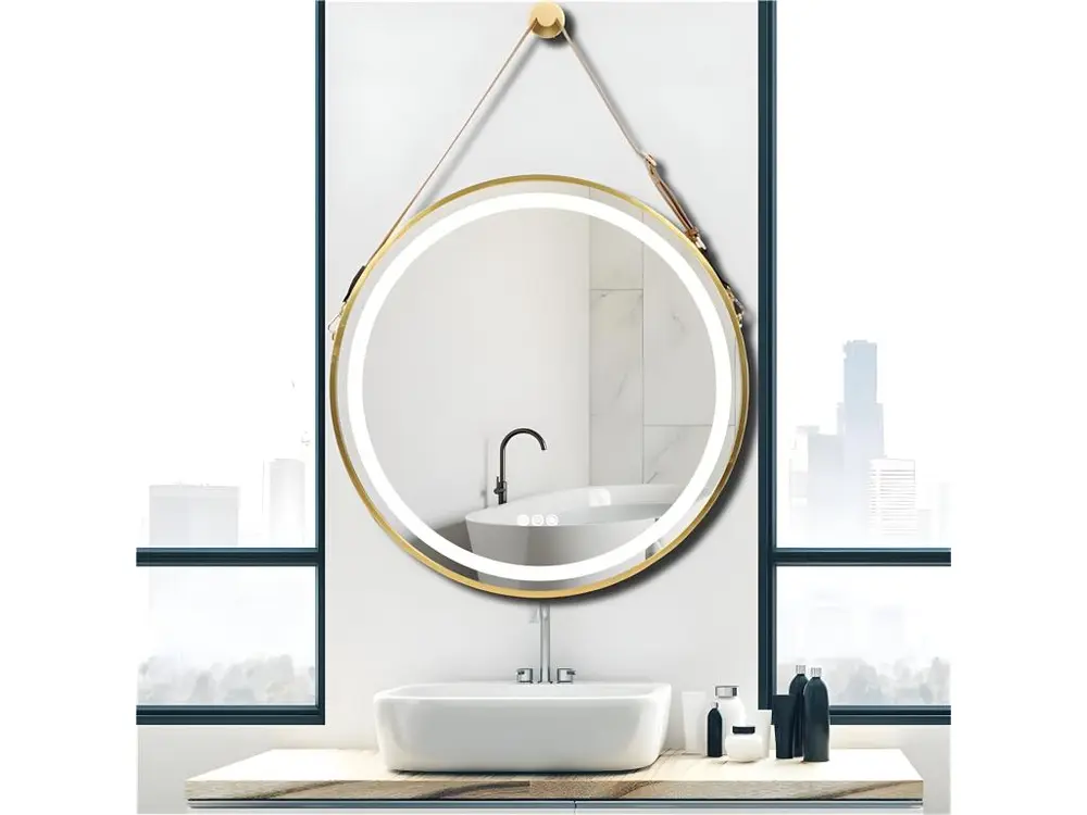 Miroir salle de bain rond miroir lumineux doré 80x80cm