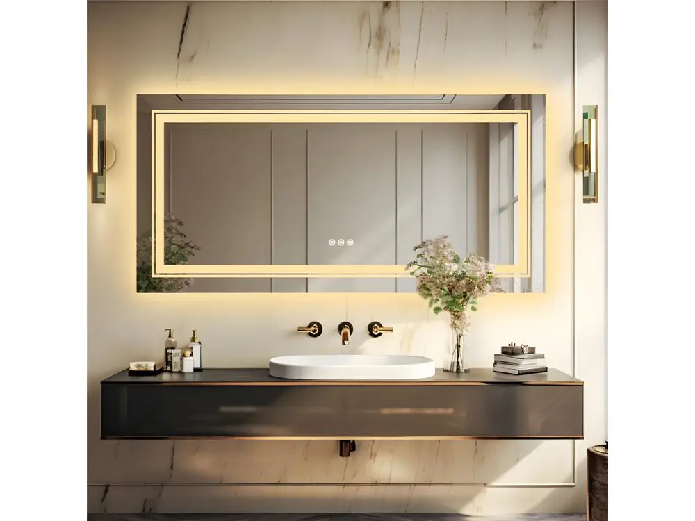 Miroir salle de bain led miroir mural doubles bandes anti-buée 120x60cm