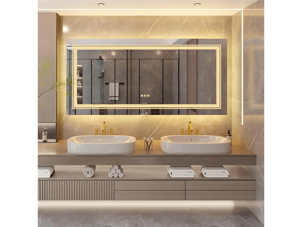 Miroir salle de bain lumineux gand miroir mural doubles bandes led anti-buée pour maquillage 160x80cm