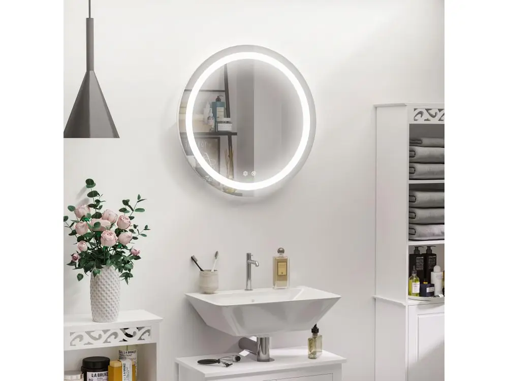 Miroir salle de bain lumineux LED 35 W - dim. Ø 60 x 4H cm - fonction anti-buée, interrupteur tactile, luminosité réglable - alu. verre