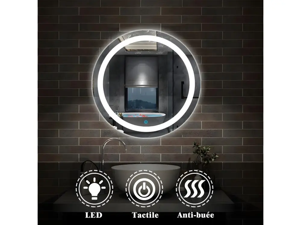 Aica Miroir de Salle de Bain Rond Avec leds et Anti-buée Blanc Froid (6000K) + Interrupteur Tactile, ○ 60cm