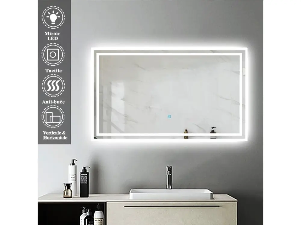 Aica 100 * 60cm Miroir de Salle de Bain Anti-buée Miroir Lumineux LED Vertical ou Horizontal Blanc Froid + Interrupteur Tactile