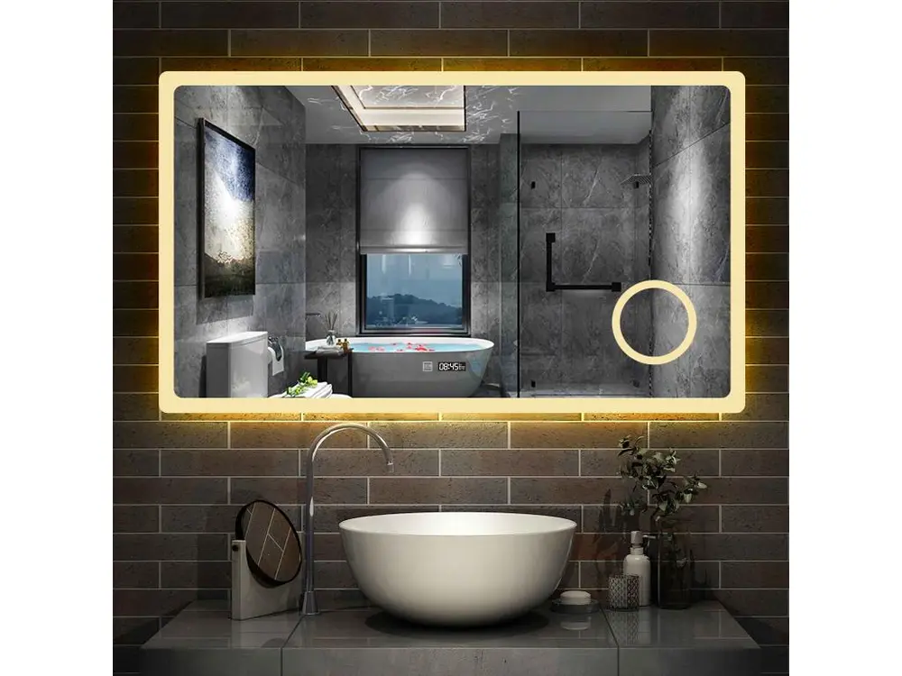 Aica Miroir de salle de bain 120cmx70cm Avec leds 3 couleurs et luminosité réglables + anti-buée + Miroir grossissant + Horloge numérique