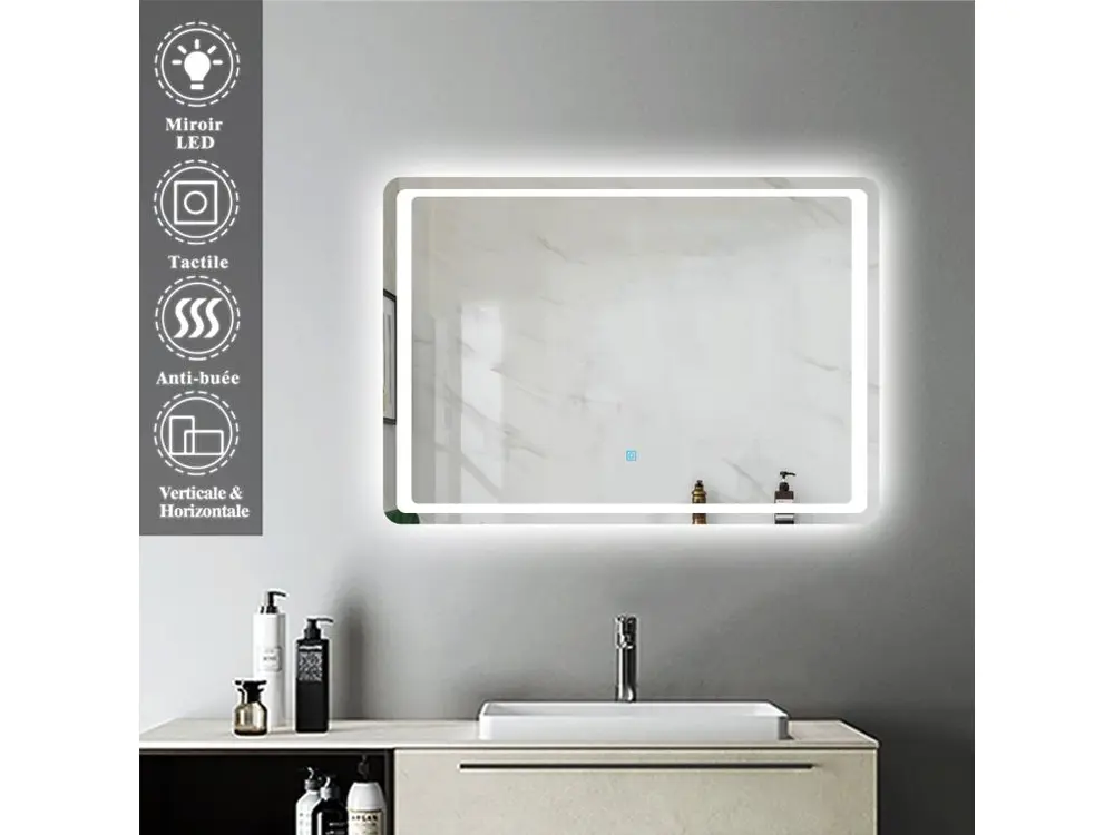 Aica Miroir de Salle de Bain Anti-buée 140 * 80cm Miroir Lumineux LED Vertical ou Horizontal Blanc Froid + Interrupteur Tactile