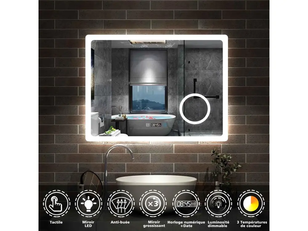 Aica Miroir de salle de bain 80cmx60cm Avec leds 3 couleurs et luminosité réglables + anti-buée + Miroir grossissant + Horloge numérique