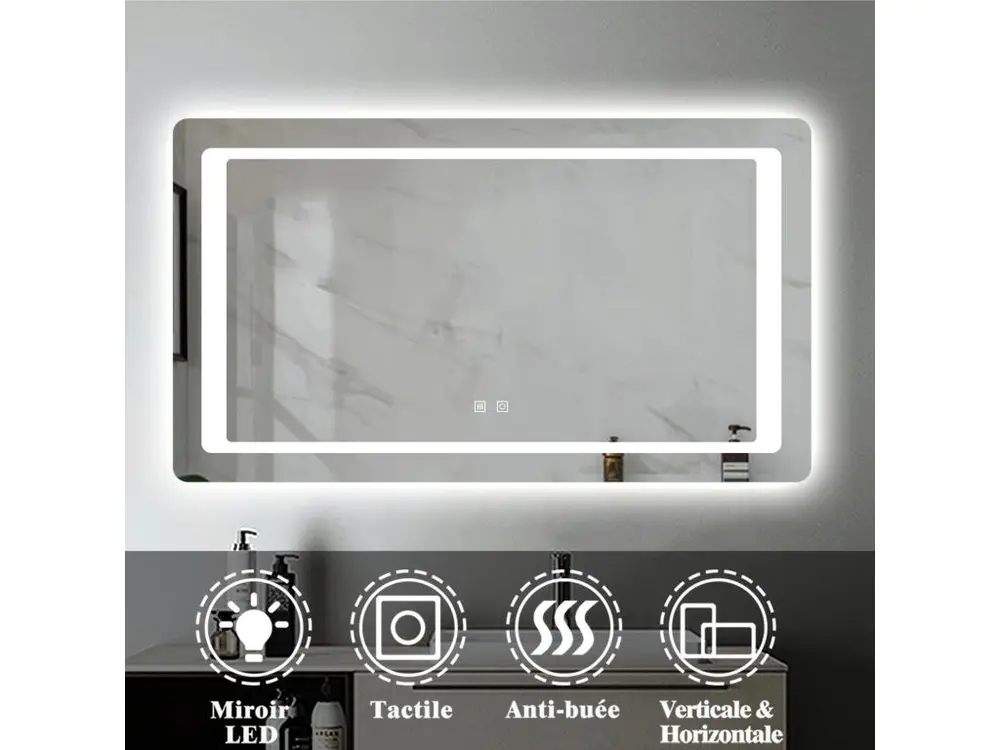 Aica Miroir de Salle de Bain Anti-buée Miroir Lumineux LED Vertical ou Horizontal Blanc Froid + Interrupteur Tactile à Double Contrôle 120 * 70cm