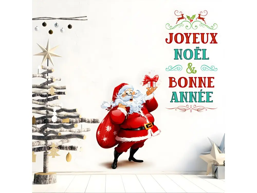 Sticker Noël père noël joyeux noël et bonne année - Autocollants stickers adhésifs noël - décoration fêtes - 90x110cm