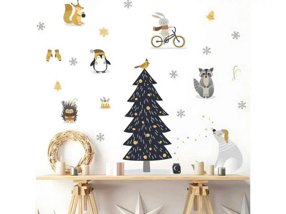 Stickers Noël animaux scandinaves - Autocollants stickers adhésifs noël - décoration fêtes - 90x60cm