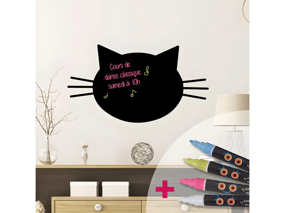 Sticker ardoise tableau noir - stickers muraux adhésif effaçable - TÊTE DE CHAT + 4 CRAIES LIQUIDES - 85x110cm