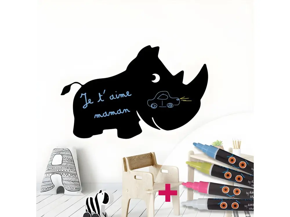 Sticker ardoise tableau noir - stickers muraux adhésif effaçable - RHINOCÉROS + 4 CRAIES LIQUIDES - 105x165cm