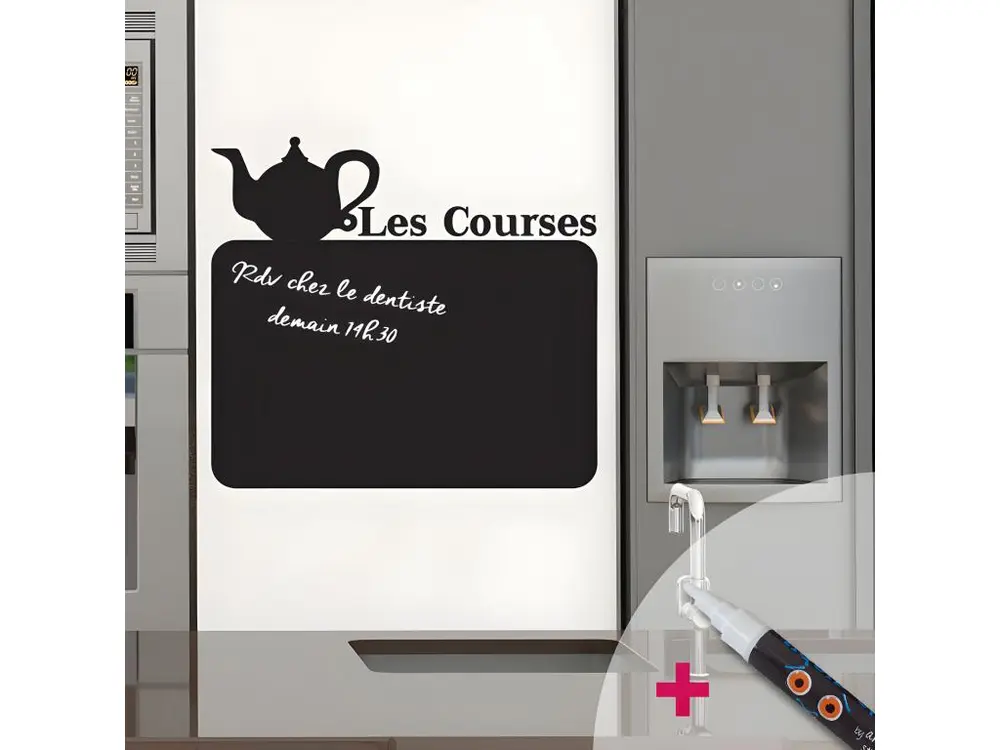 Sticker ardoise tableau noir - stickers muraux adhésif effaçable - CLASSIQUE LES COURSES + CRAIE LIQUIDE BLANCHE - 75x80cm