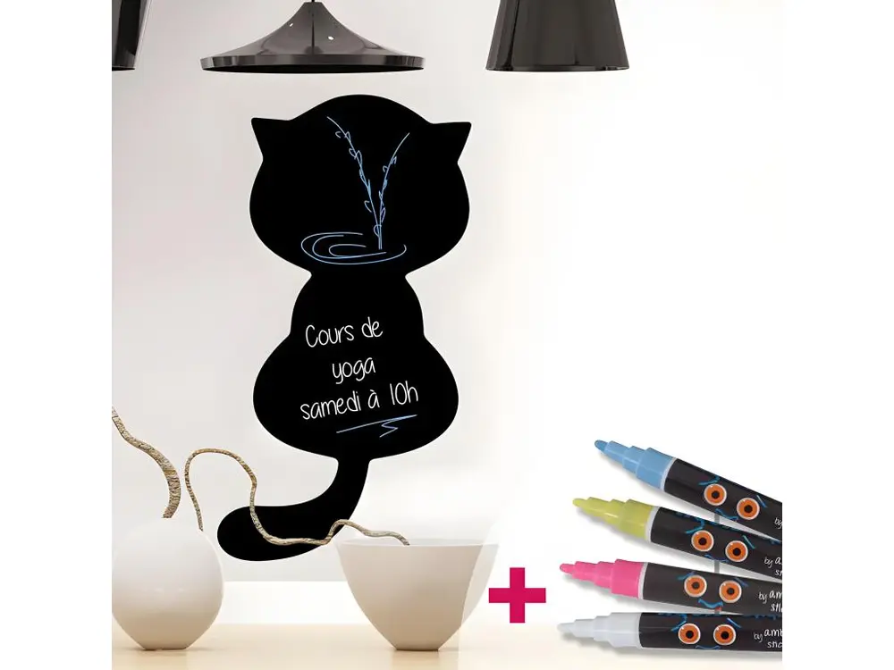 Sticker ardoise tableau noir - stickers muraux adhésif effaçable - CHAT MIGNON + 4 CRAIES LIQUIDES - 45x25cm