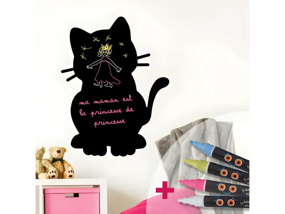 Sticker ardoise tableau noir - stickers muraux adhésif effaçable - CHATON + 4 CRAIES LIQUIDES - 95x75cm