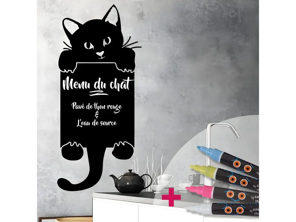 Sticker ardoise tableau noir - stickers muraux adhésif effaçable - CHAT FAIT COUCOU + 4 CRAIES LIQUIDES - 185x85cm