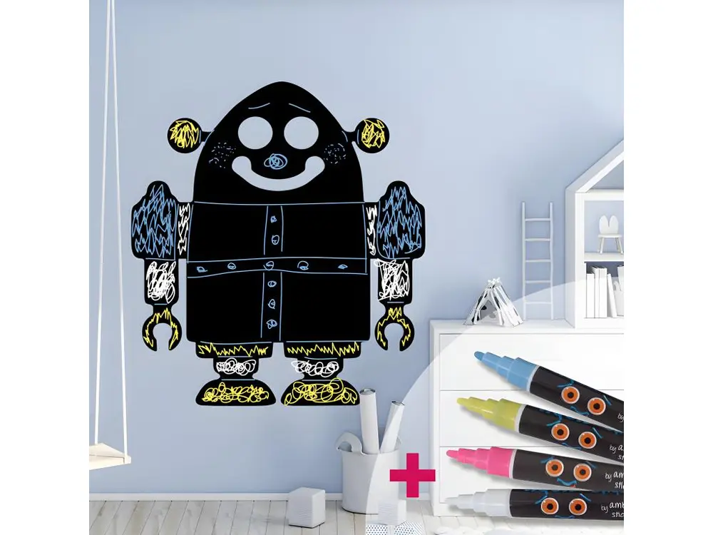 Sticker ardoise tableau noir - stickers muraux adhésif effaçable - ROBOT + 4 CRAIES LIQUIDES - 70x65cm