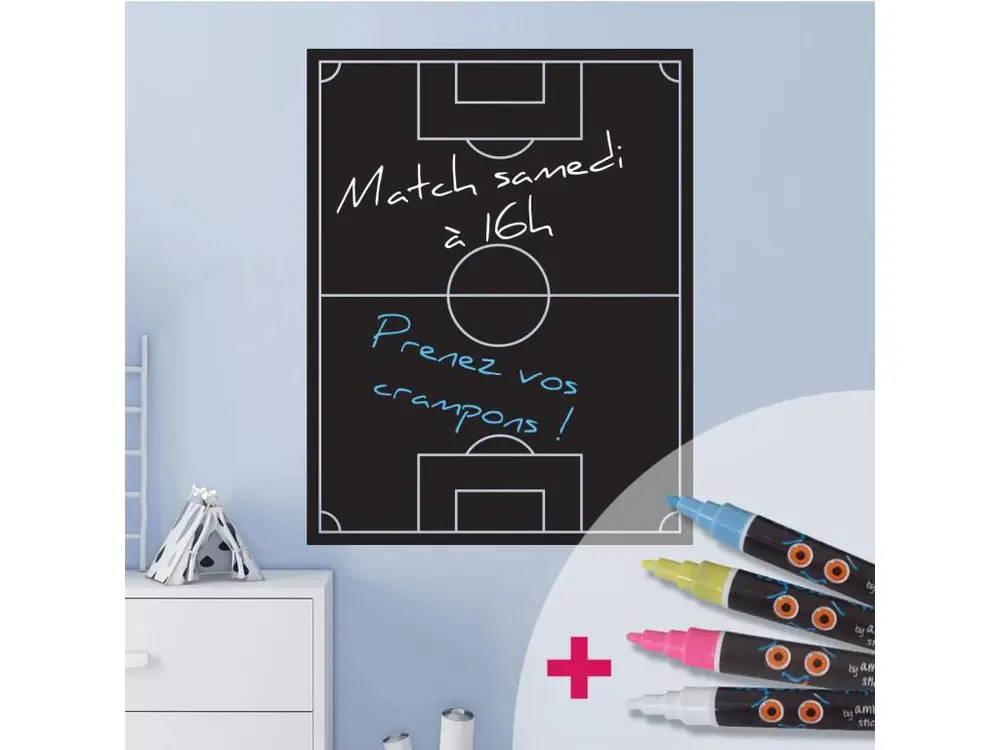 Sticker ardoise tableau noir - stickers muraux adhésif effaçable - TERRAIN DE FOOT + 4 CRAIES LIQUIDES - 60x45cm