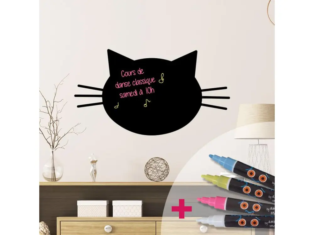 Sticker ardoise tableau noir - stickers muraux adhésif effaçable - TÊTE DE CHAT + 4 CRAIES LIQUIDES - 95x125cm