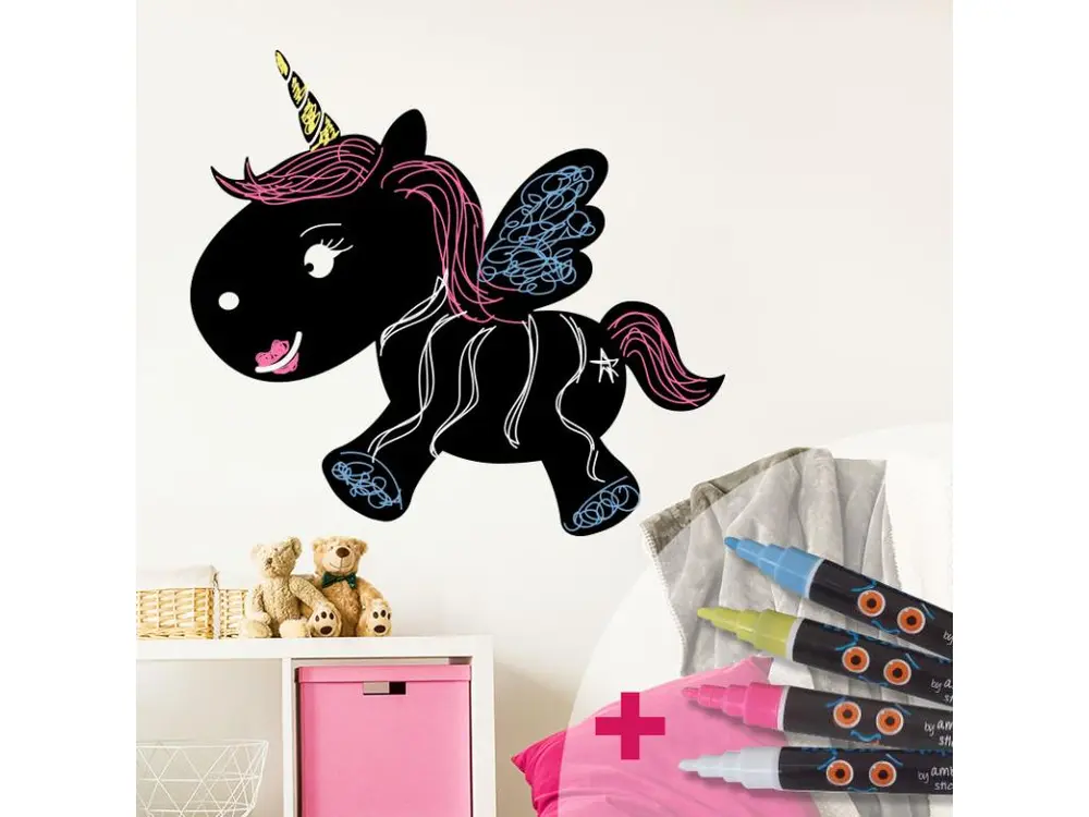 Sticker ardoise tableau noir - stickers muraux adhésif effaçable - LICORNE BÉBÉ + 4 CRAIES LIQUIDES - 25x30cm